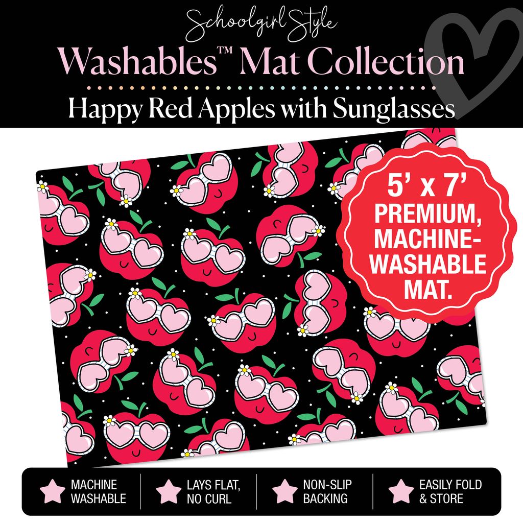 Happy Red Apples with Sunglasses on Black Background Classroom Mat by Schoolgirl Style