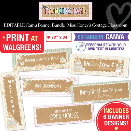 Editable Canva Walgreens Compatible Kraft Style Banner Bundle | Miss Honey's Cottage Classroom