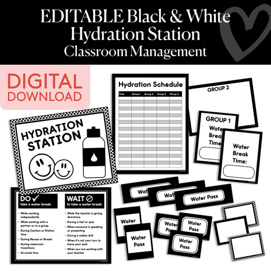 Printable Editable Black and White Hydration Station – Classroom Water Bottle Management System