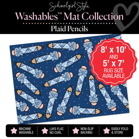 Plaid Pencils on Blue Background with White Polka Dots Classroom Mat by Schoolgirl Style