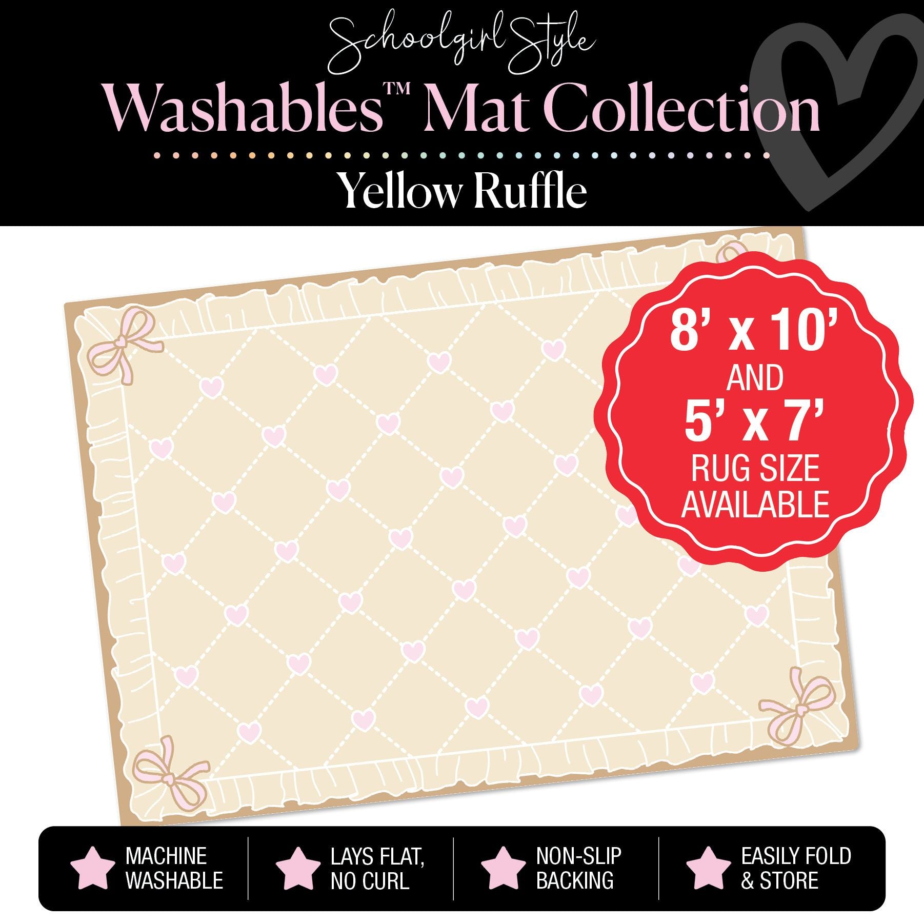 Yellow Ruffle Vertical Pink Hearts Classroom Mat by Schoolgirl Style