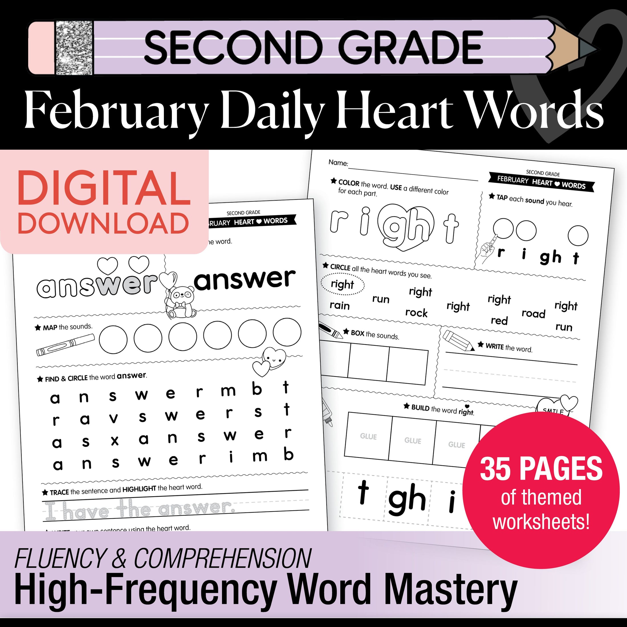 Printable Second Grade February Daily Heart Words