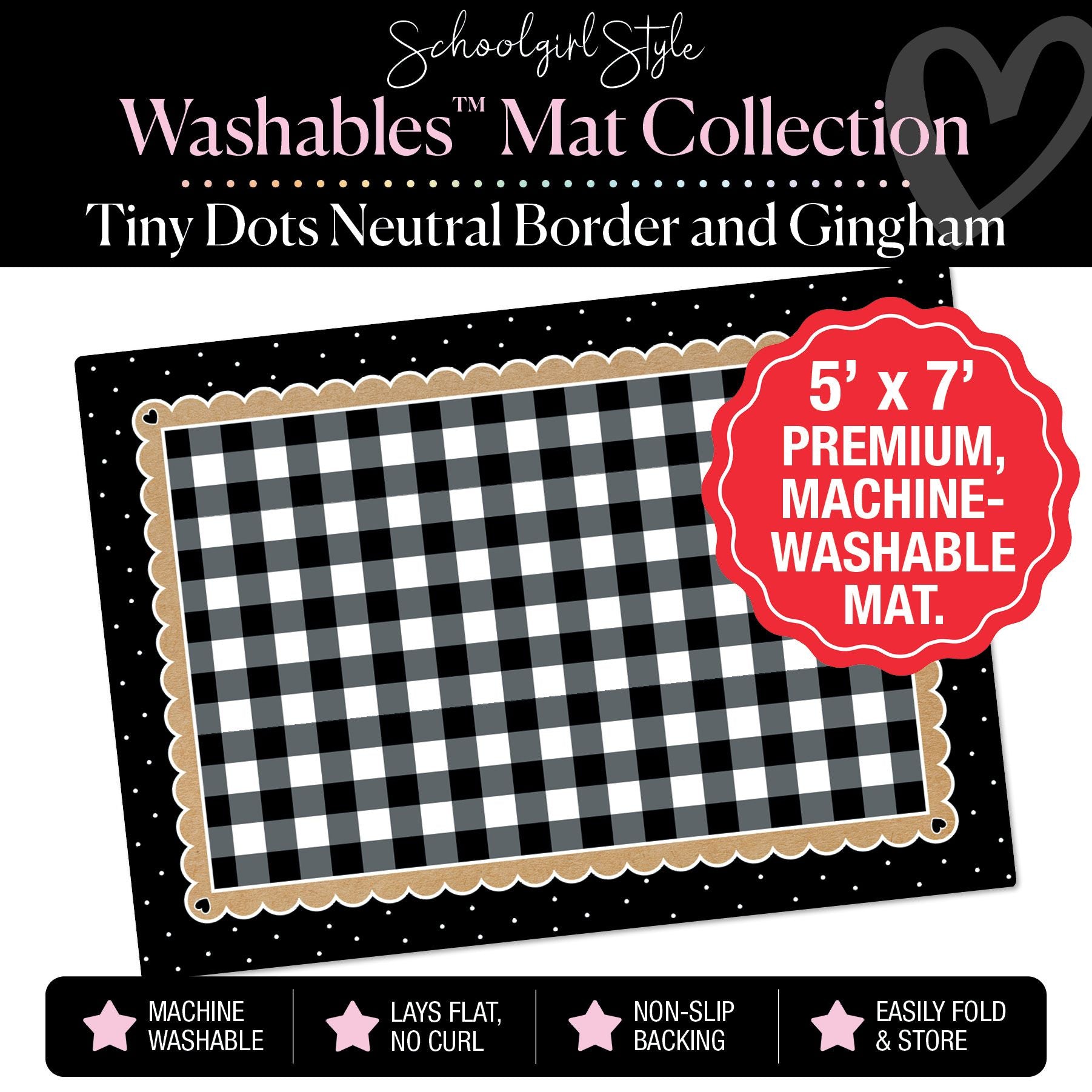 Black and White Tiny Dots with Banner Border and Gingham Background Classroom Mats by Schoolgirl Style