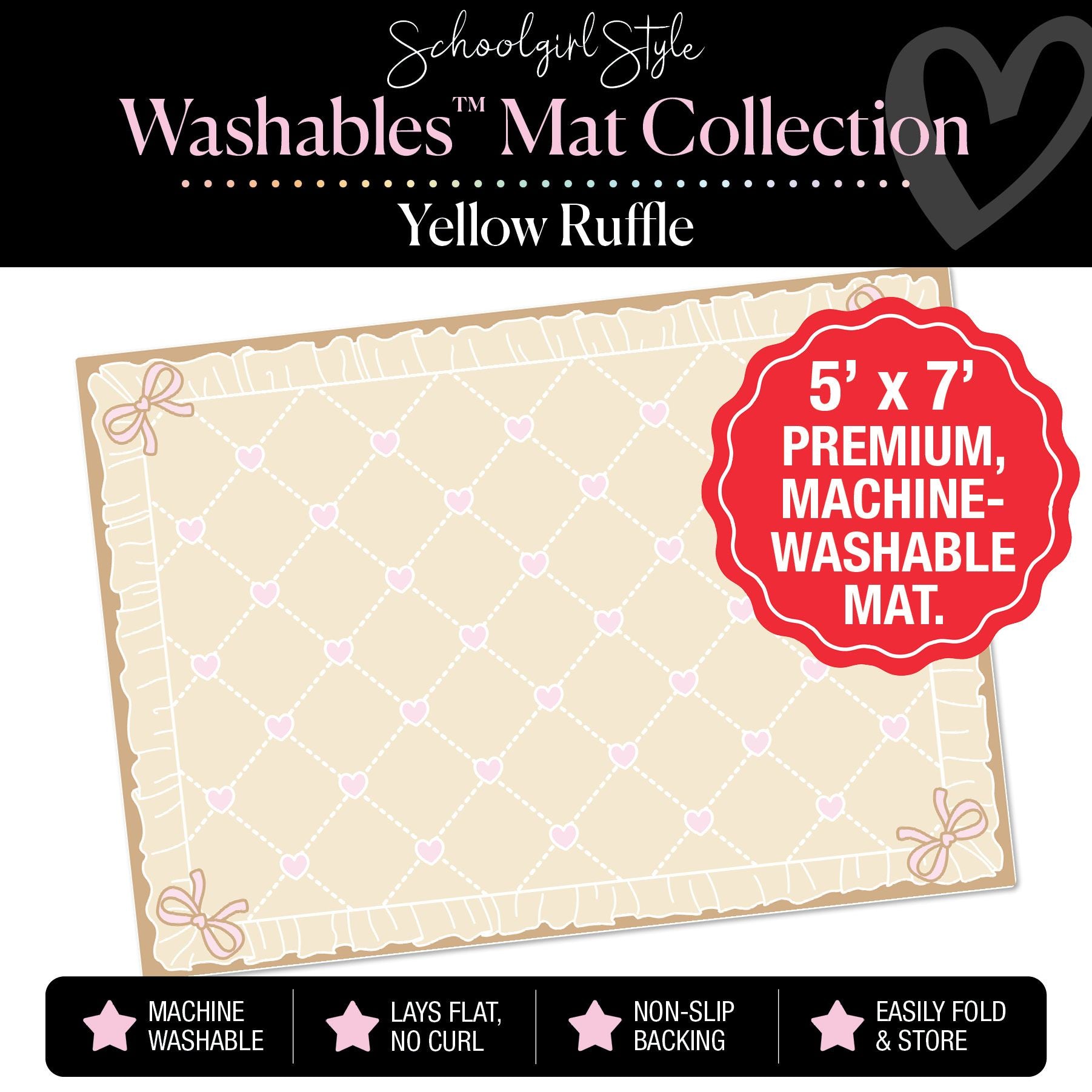 Yellow Ruffle Vertical Pink Hearts Classroom Mat by Schoolgirl Style