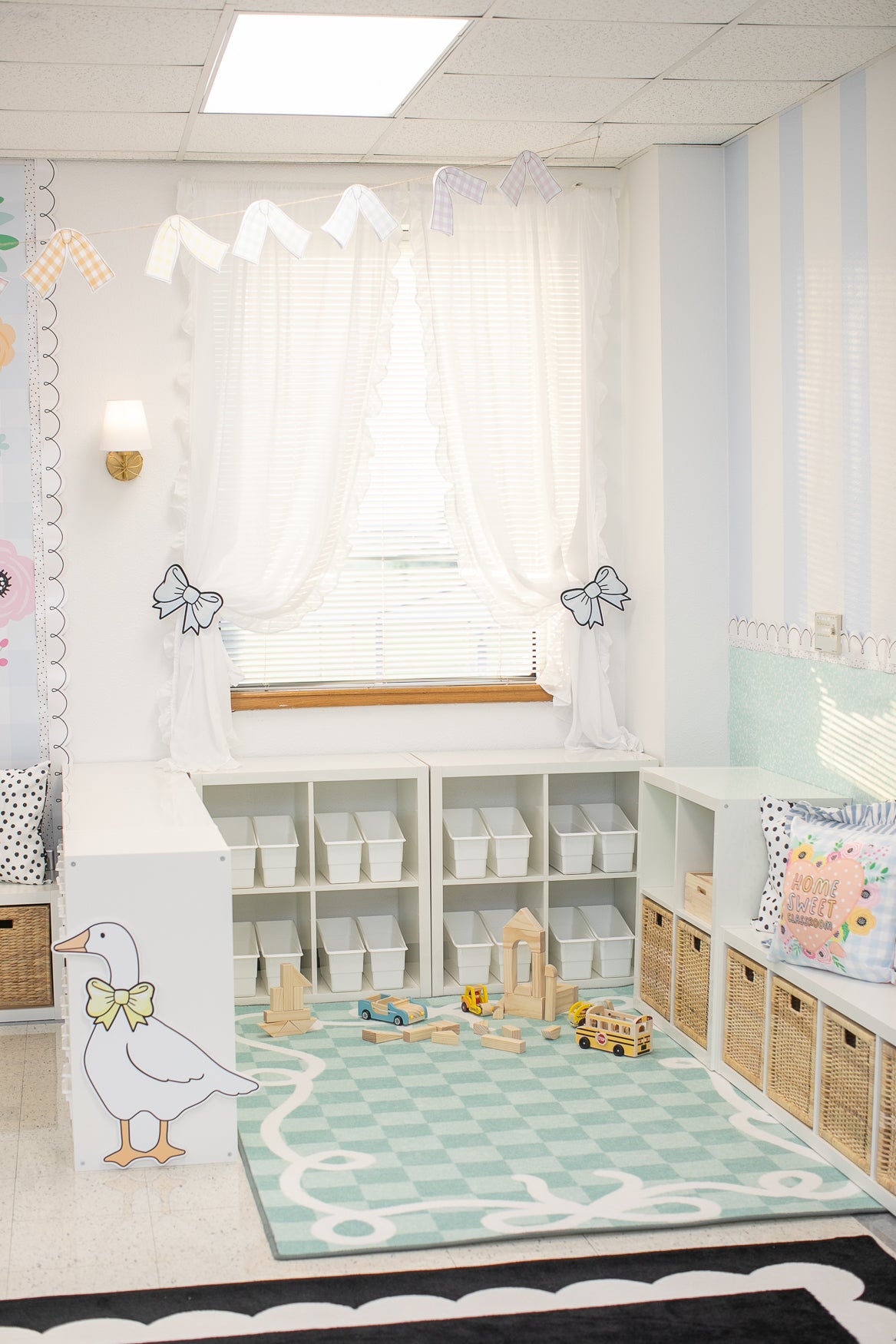 Bow Border Mint Check Classroom Rug by Schoolgirl Style