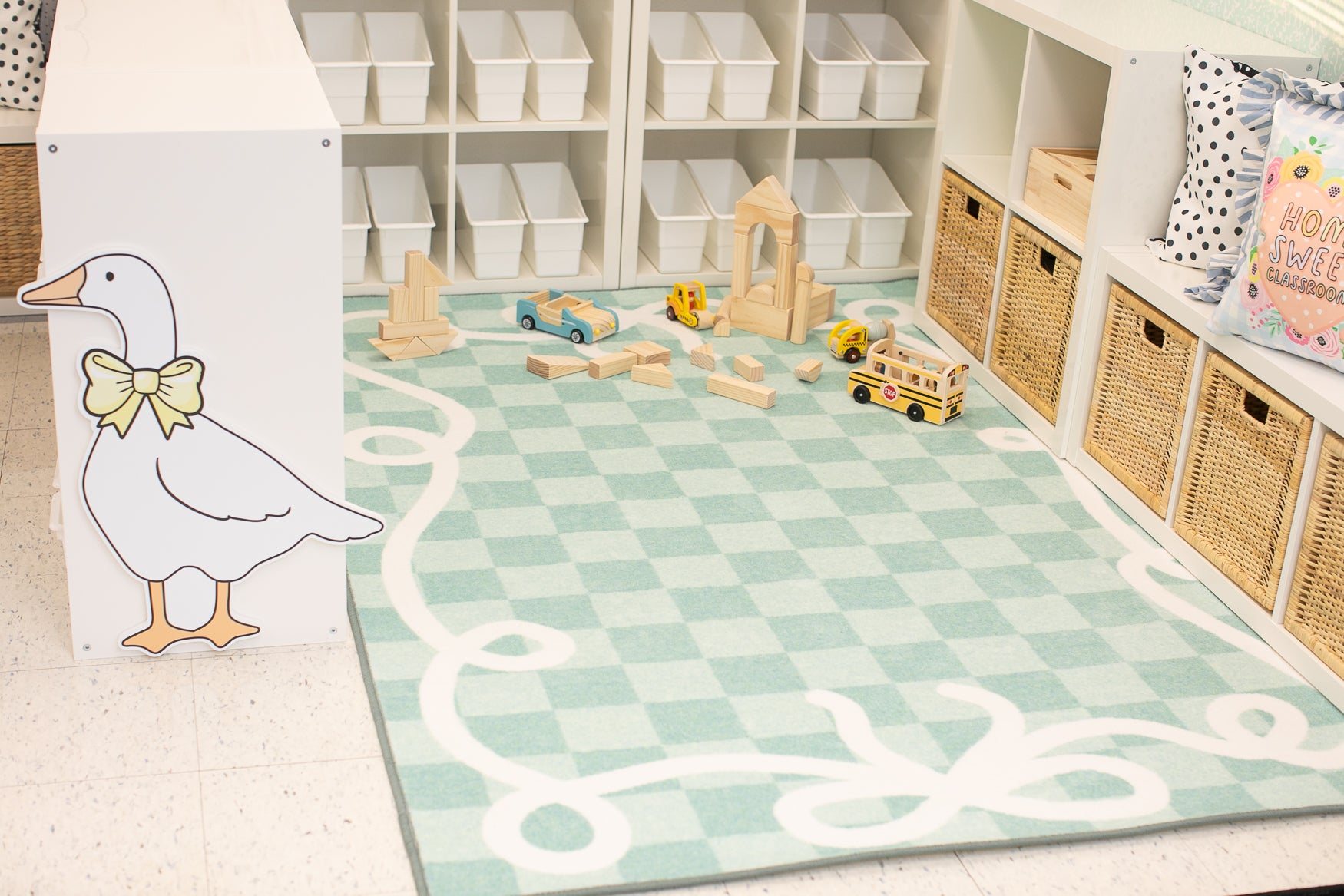 Bow Border Mint Check Classroom Rug by Schoolgirl Style