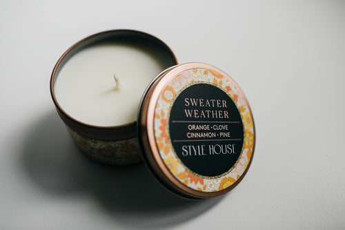 sweater weather fall candle with orange, clove, cinnamon and pine