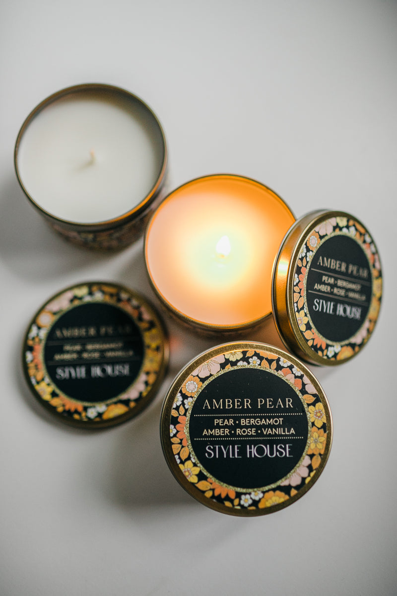 Amber Pear Candle | 6oz Gold Candle Tin | StyleHouse Design Studio