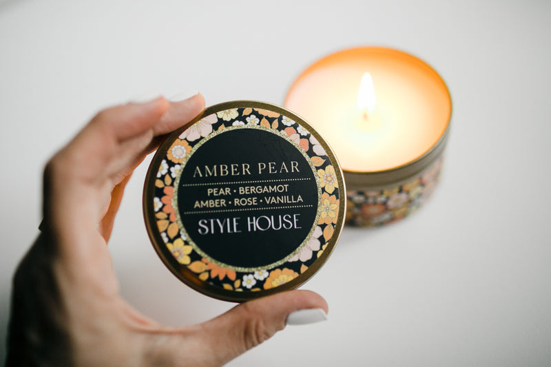 Amber Pear Pear Bergamot Amber Rose and Vanilla 6 oz Gold Candle Tin by Good Faith Handmade