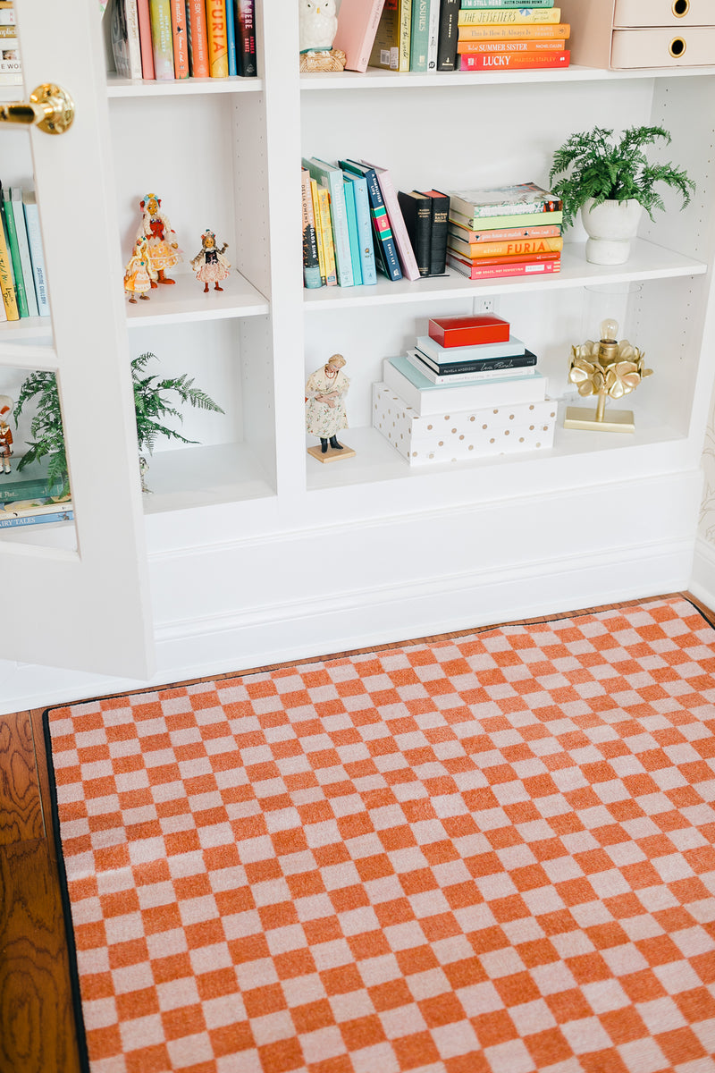 Coral Checkerboard Rug | Neutral Classroom Rug | Blushing Hopscotch | Schoolgirl Style