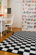 Load image into Gallery viewer, Black and White Checkerboard Rug | Neutral Classroom Rug | Retro Hopscotch | Schoolgirl Style
