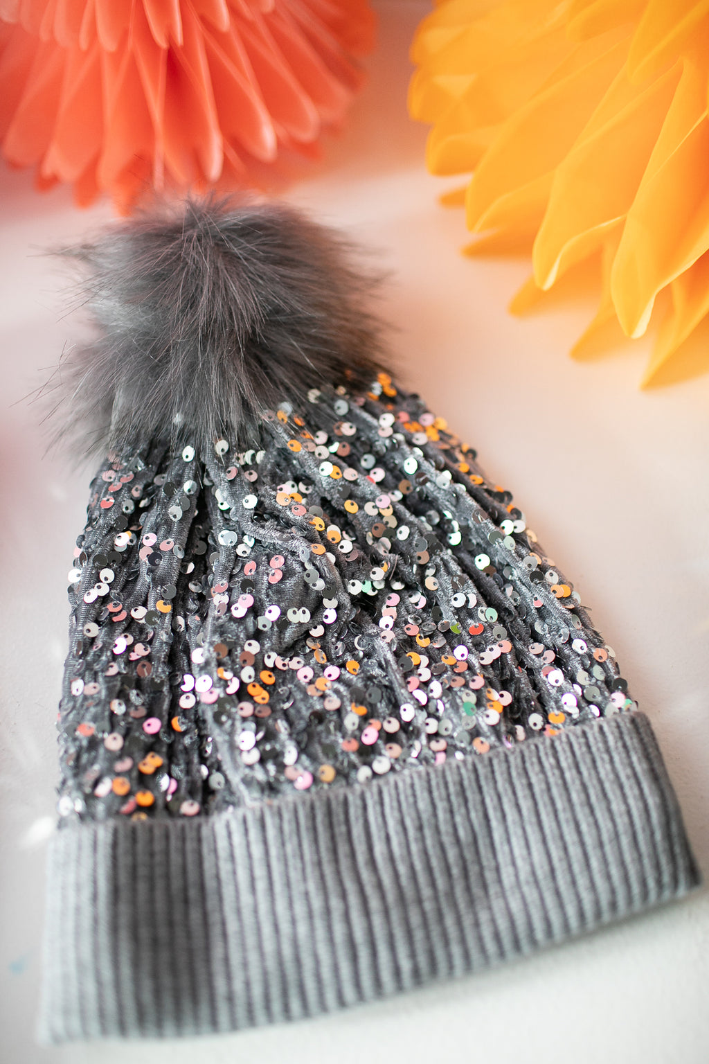 Metallic Silver Snap Pom Pom Beanie - Headbands of Hope