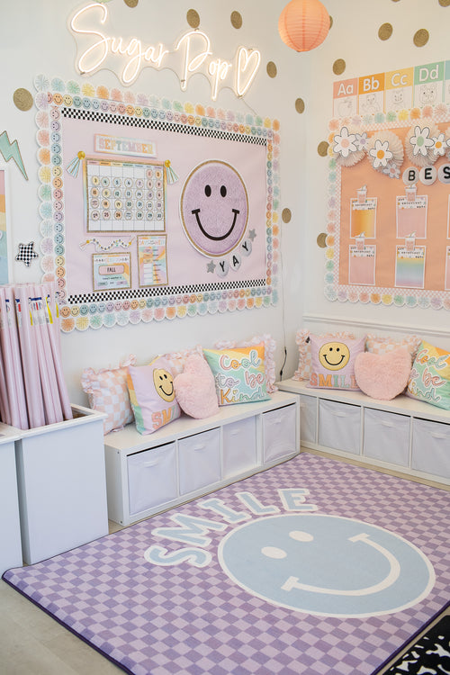 Smiley on Lavender Checkerboard Rug | Lavender Classroom Rug | Bring on the Smiles | Schoolgirl Style