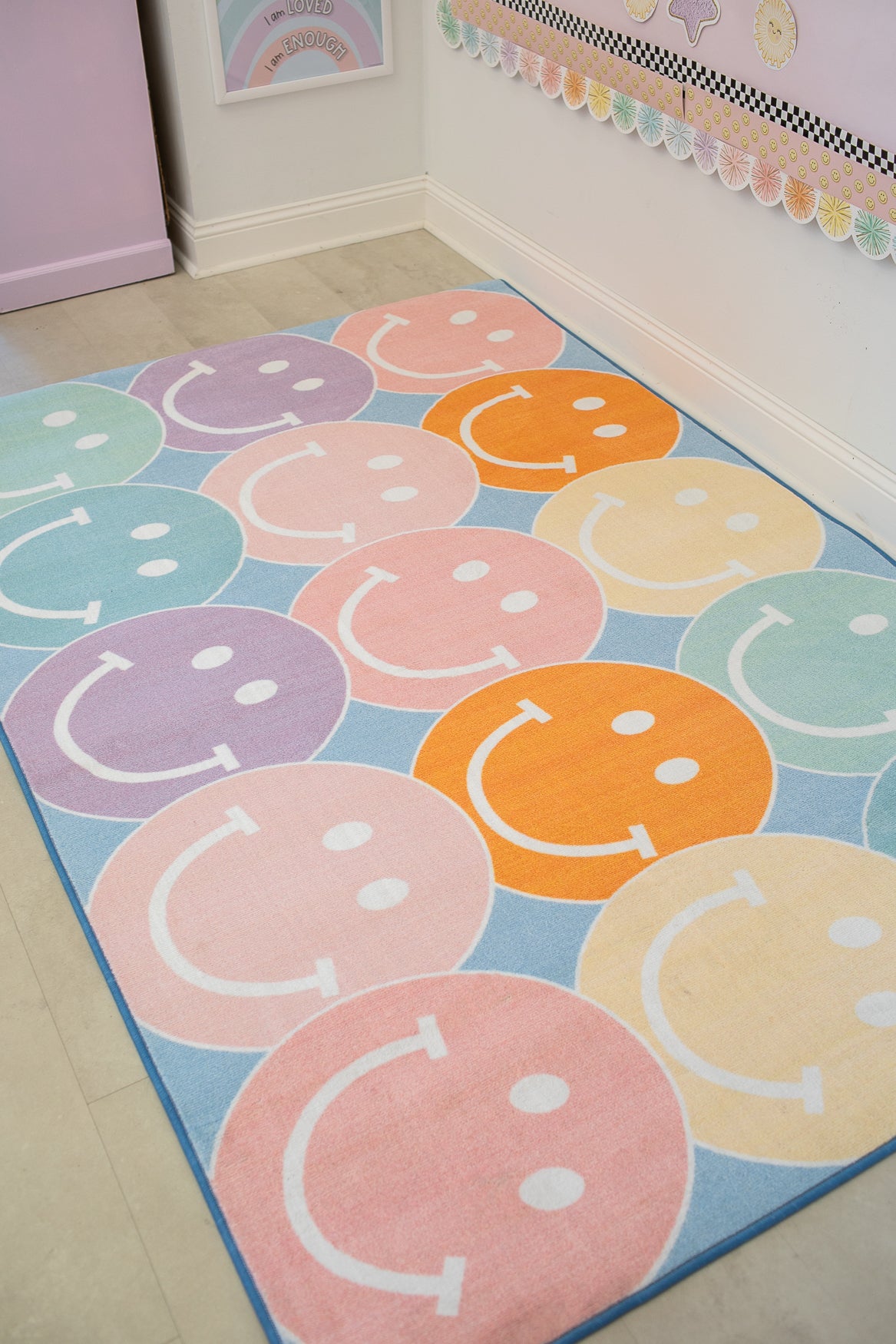 Pastel Rainbow Smileys Rug | Pastel Classroom Rug | Phone a Friend | S ...