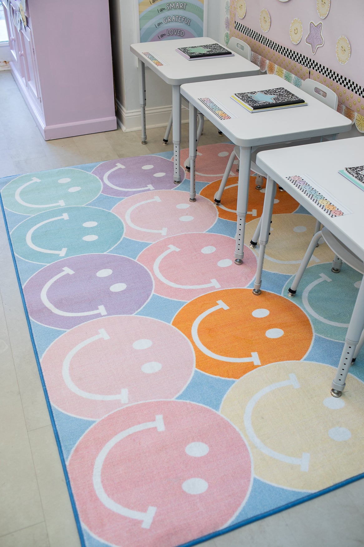 Pastel Rainbow Smileys Classroom Rug by Schoolgirl Style