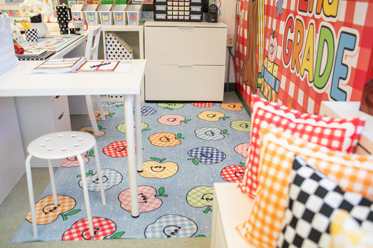 Scattered Rainbow Happy Apples on Denim Classroom Mat by Schoolgirl Style