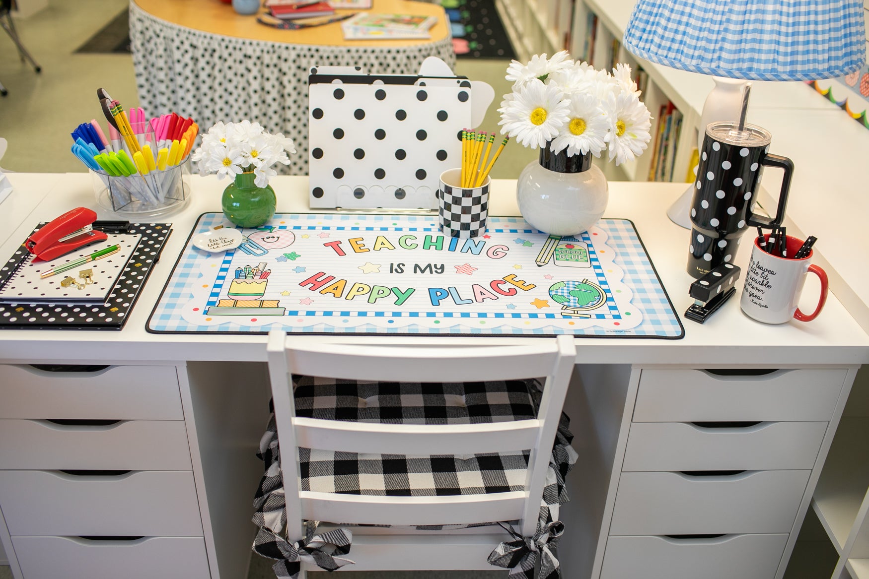 Teaching Is My Happy Place Blue Gingham Desk Mat | 90s Teacher
