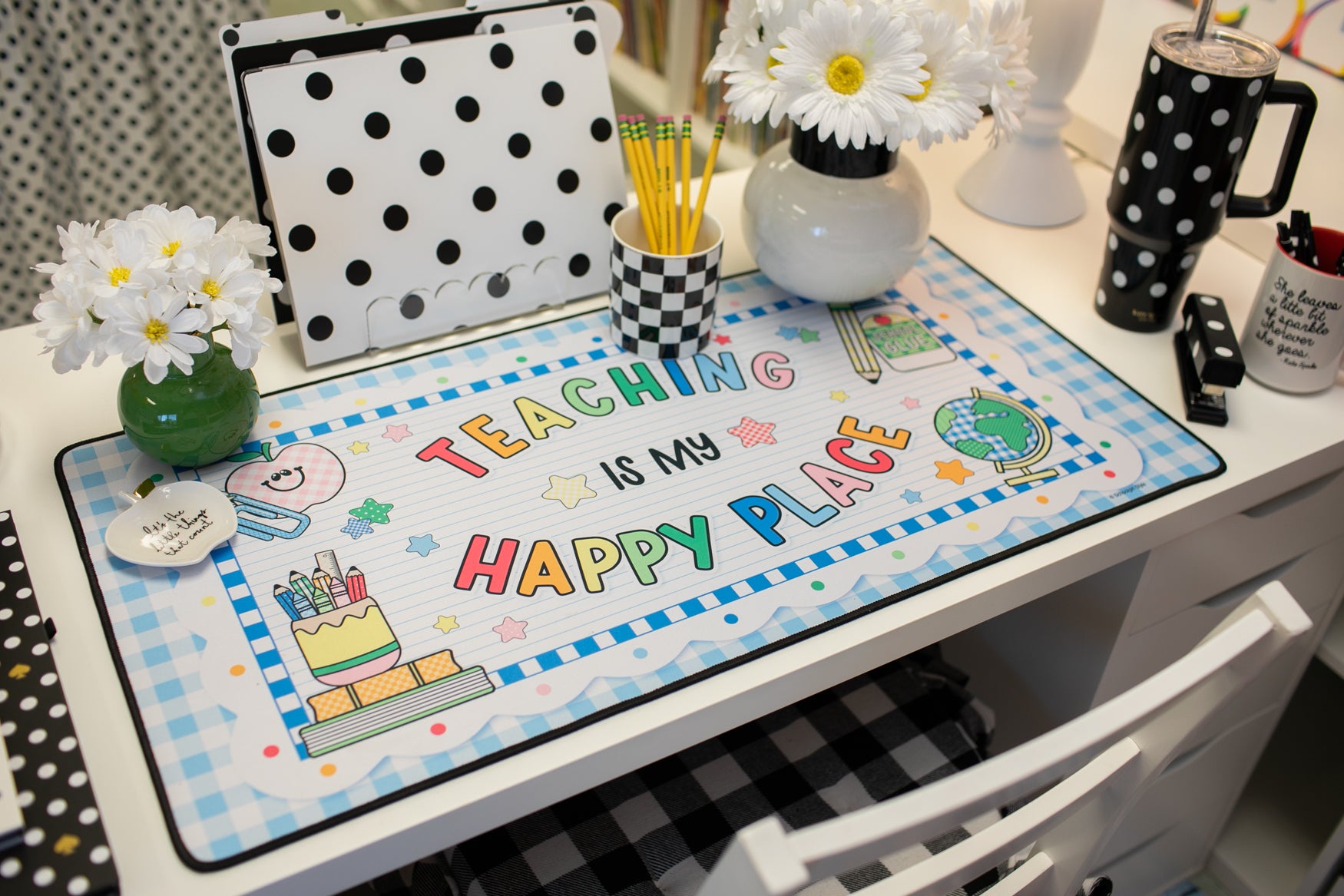 Teaching Is My Happy Place Blue Gingham Desk Mat | 90s Teacher