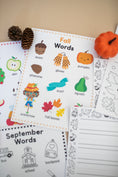 Load image into Gallery viewer, Fall words posters with acorns, a pumpkin on a beige background.
