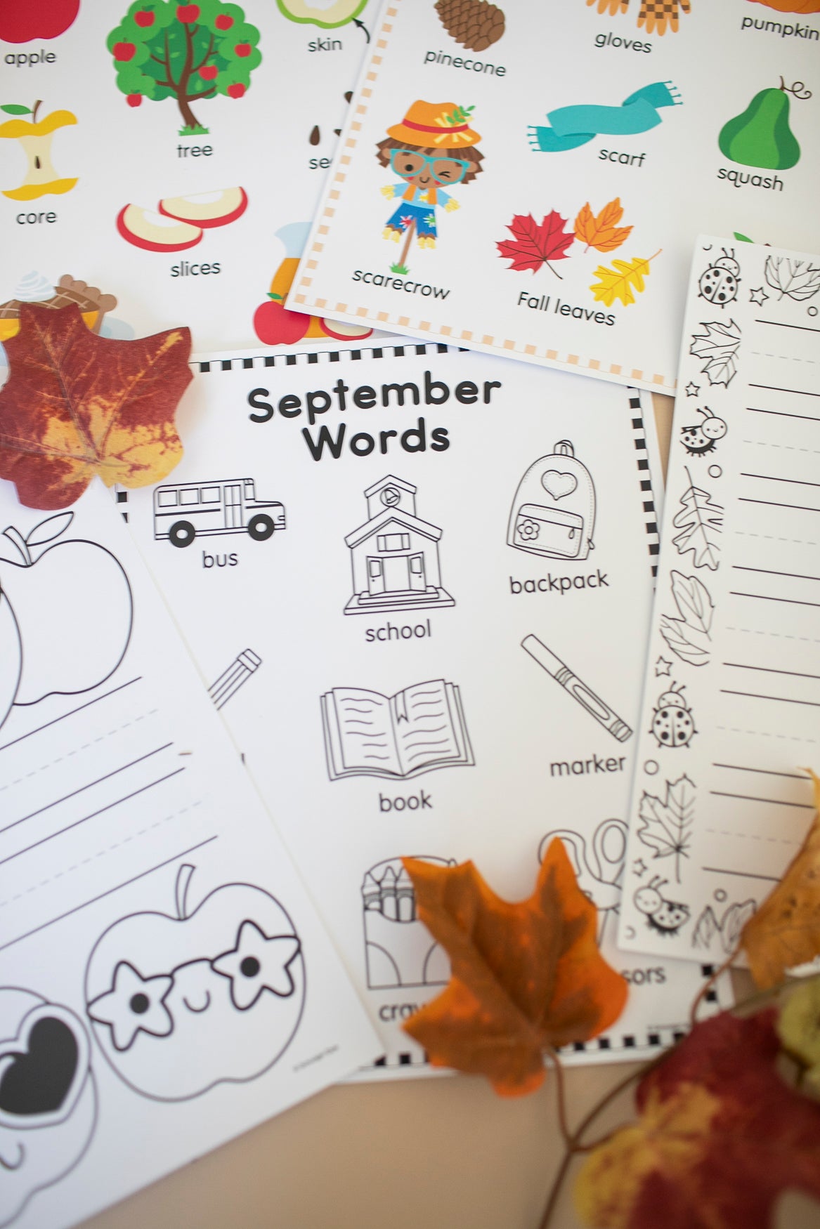 September words poster with leaves. 