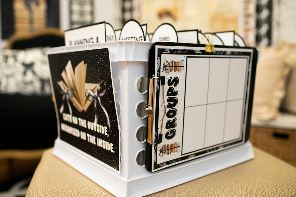 Printable Black and White Editable Organized Teacher System Bin | Books and Bows