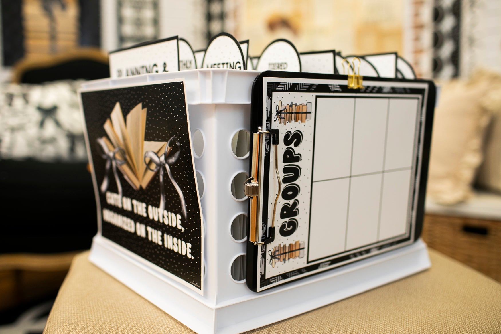 Printable Black and White Editable Organized Teacher System Bin | Books and Bows