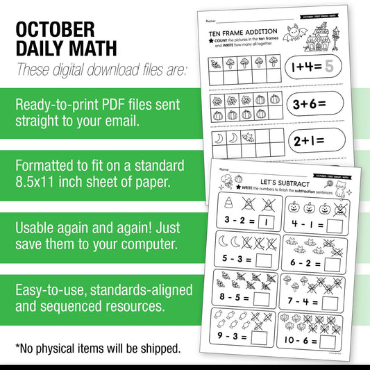 Printable First Grade October Daily Math Worksheets