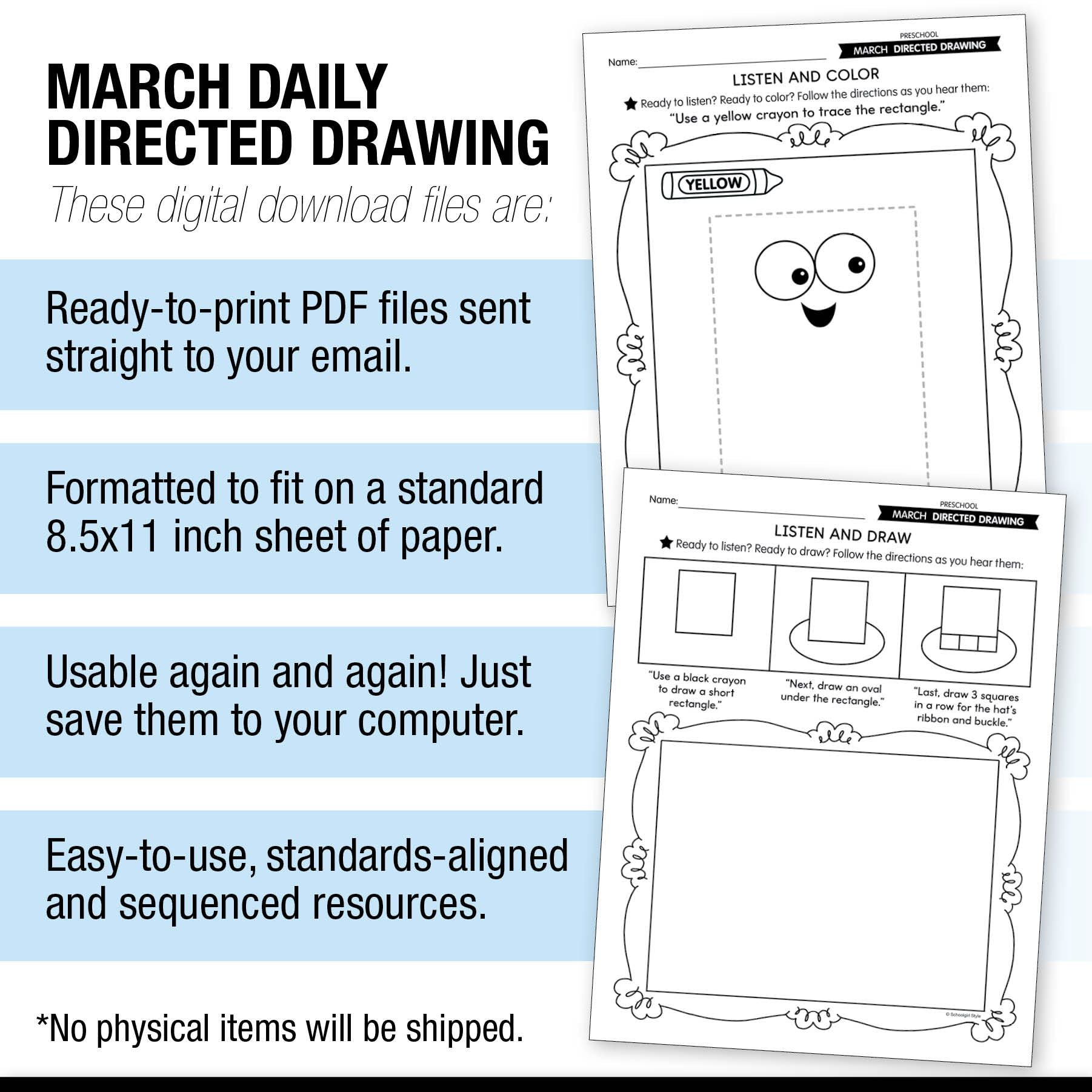 Printable Preschool March Directed Drawing Worksheets
