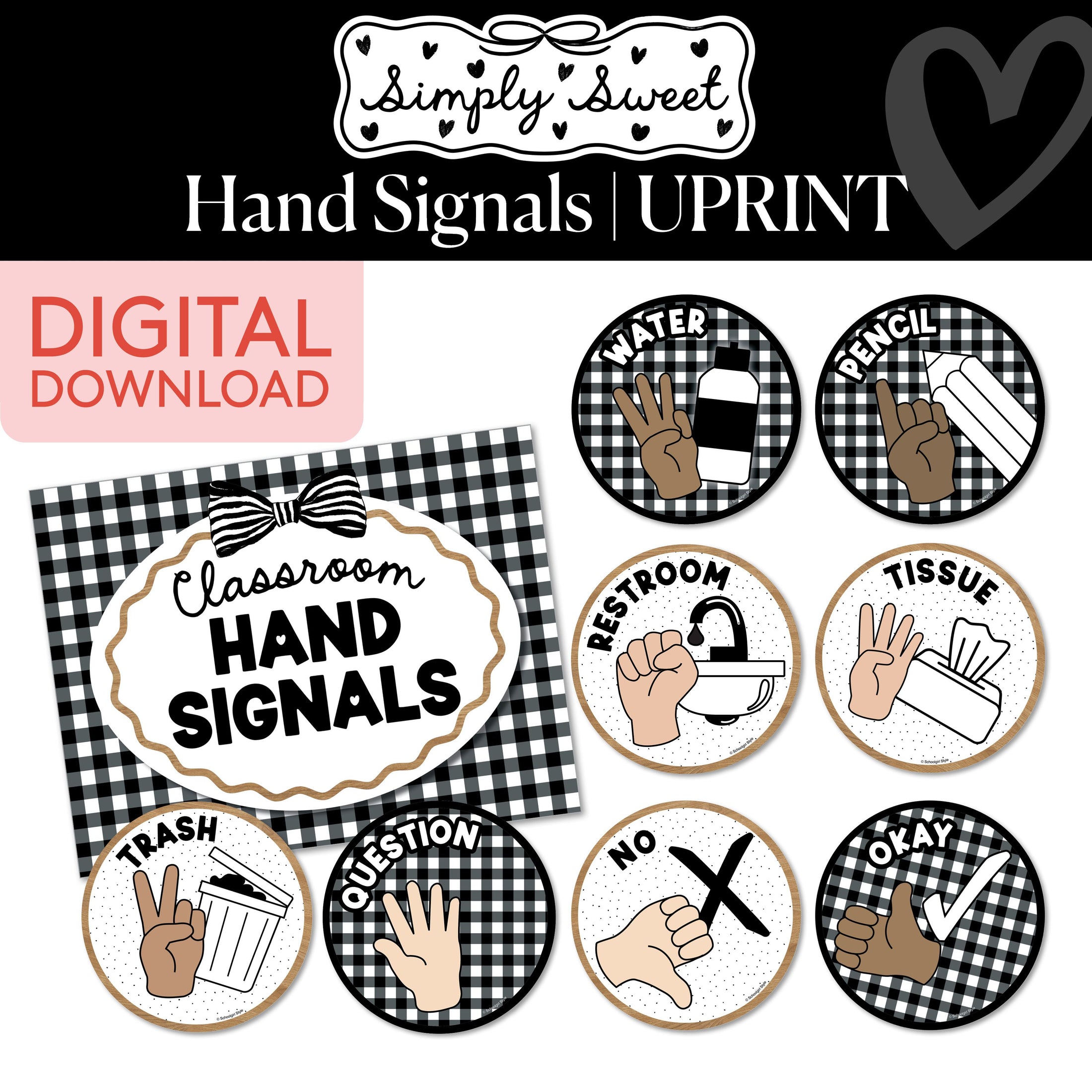 Printable Classic Black and White Hand Signals | Simply Sweet