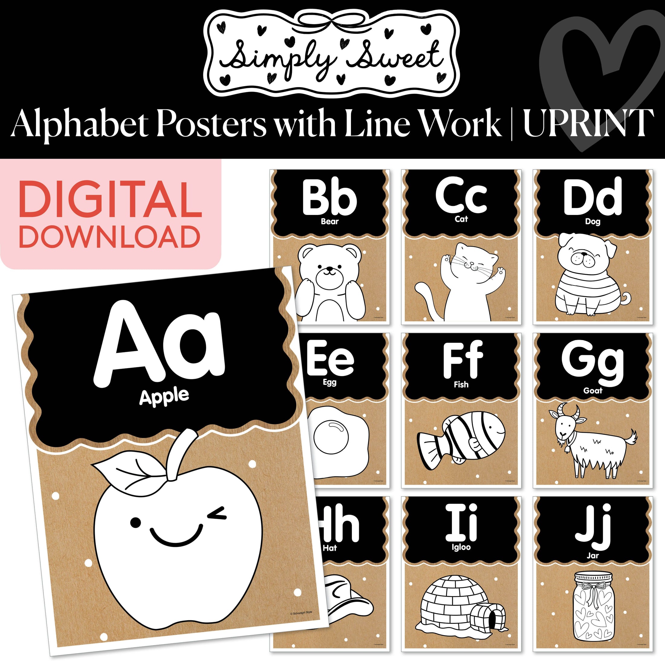 Printable Classic Black and White Alphabet Posters with Line Work | Simply Sweet