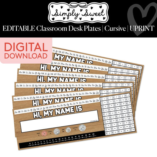 Printable Classic Black and White Editable Cursive Classroom Desk Plates | Simply Sweet