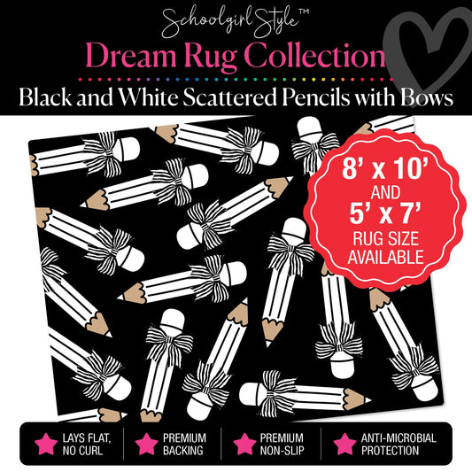 Scattered Black and White Pencils with Bows Classroom Rug by Schoolgirl Style