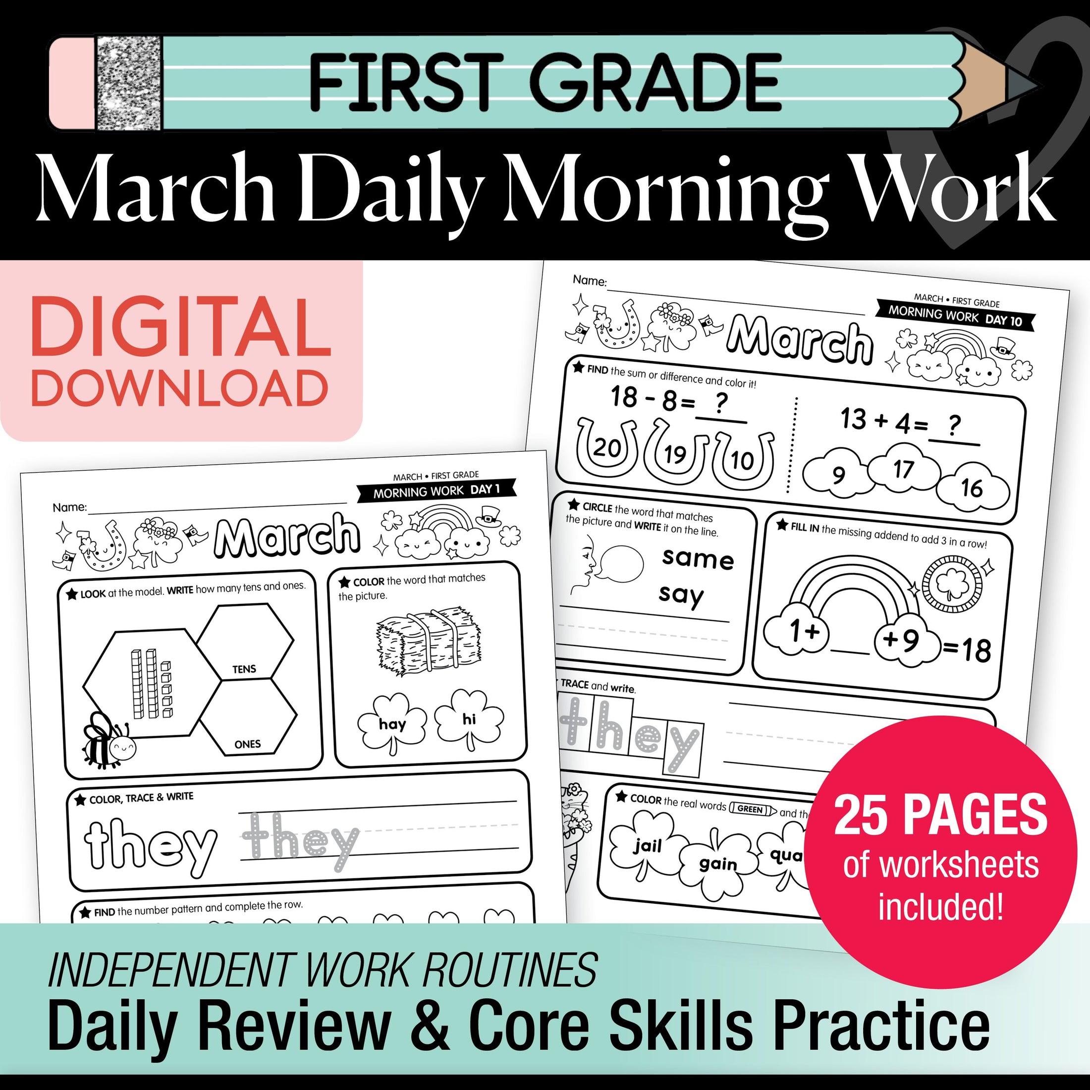 Printable First Grade March Daily Morning Work