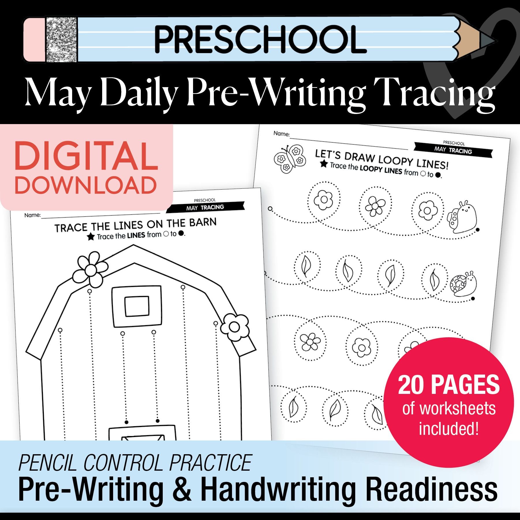 Printable Preschool May Daily Pre-Writing Tracing