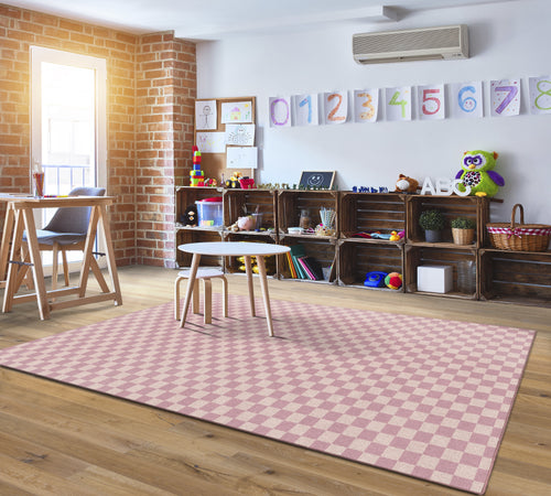 Coral Checkerboard Rug | Neutral Classroom Rug | Blushing Hopscotch | Schoolgirl Style