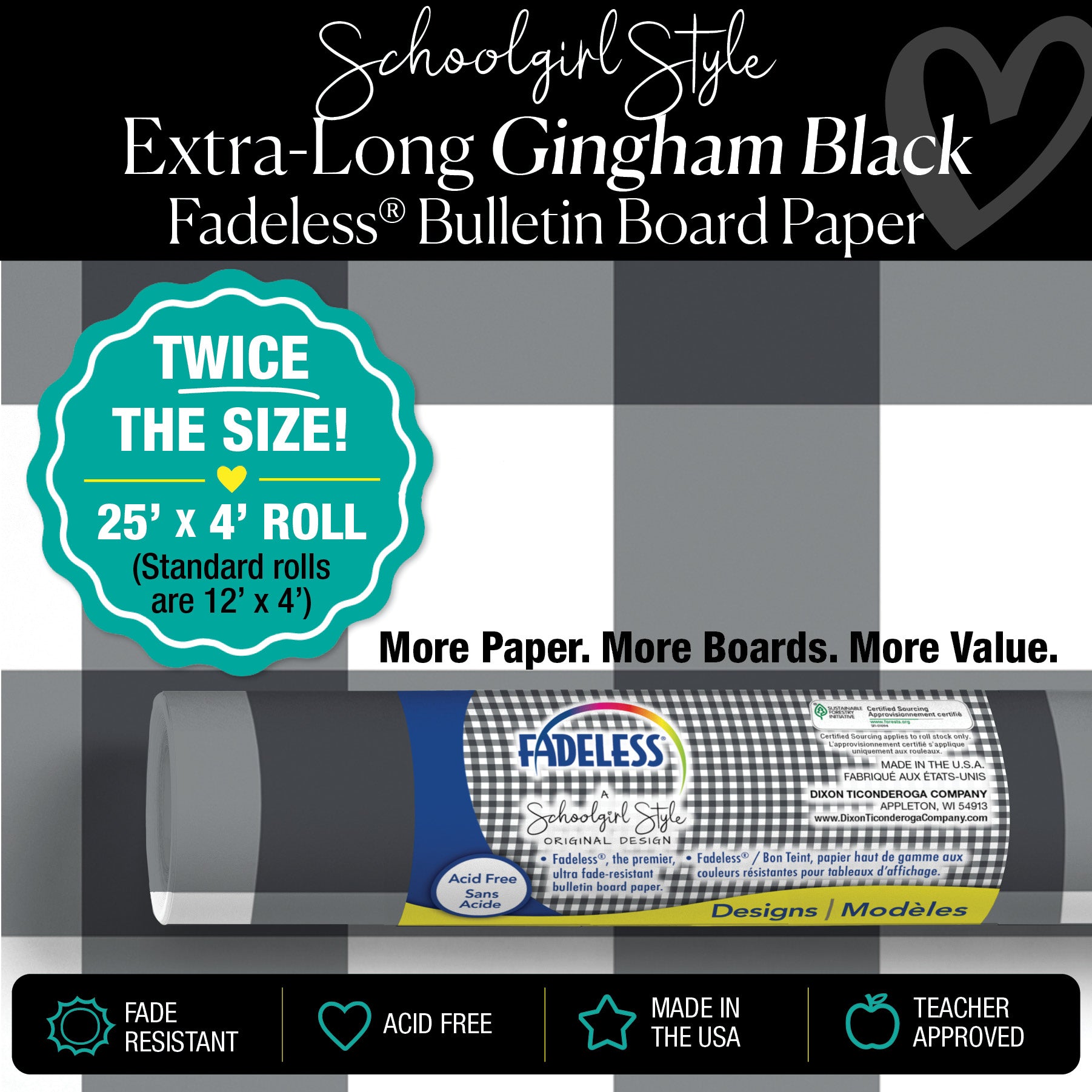 Black Gingham Bulletin Board Paper 25ft. | Schoolgirl Style x Fadeless®