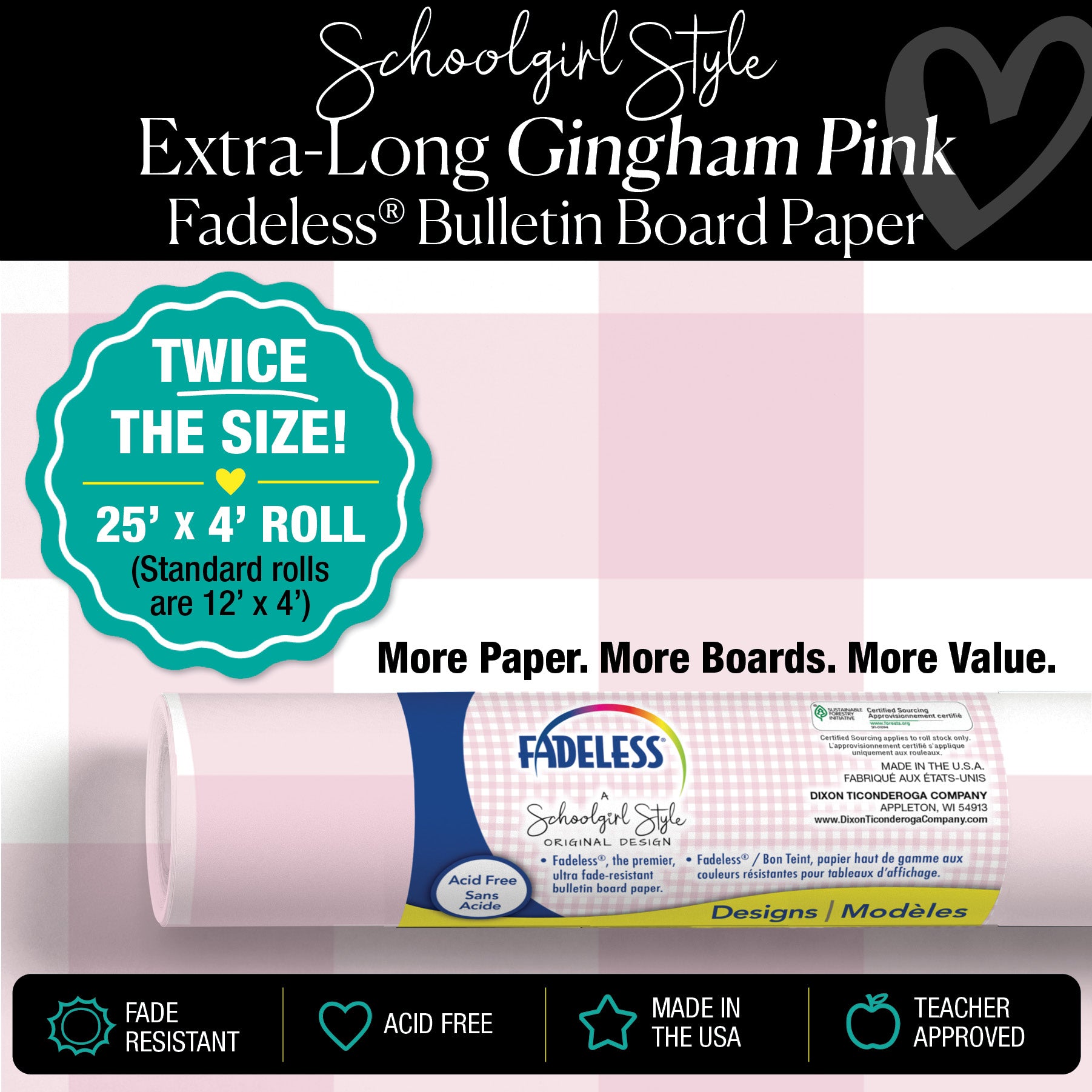 Pink Gingham Bulletin Board Paper 25ft. | Schoolgirl Style x Fadeless®