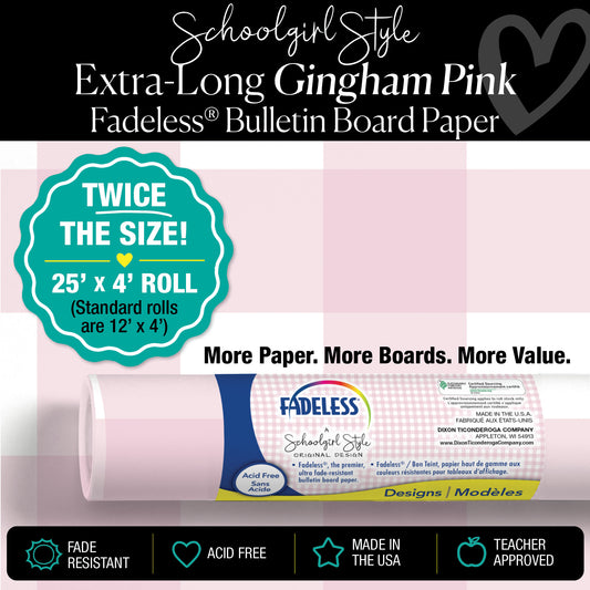 Pink Gingham Bulletin Board Paper 25ft. | Schoolgirl Style x Fadeless®