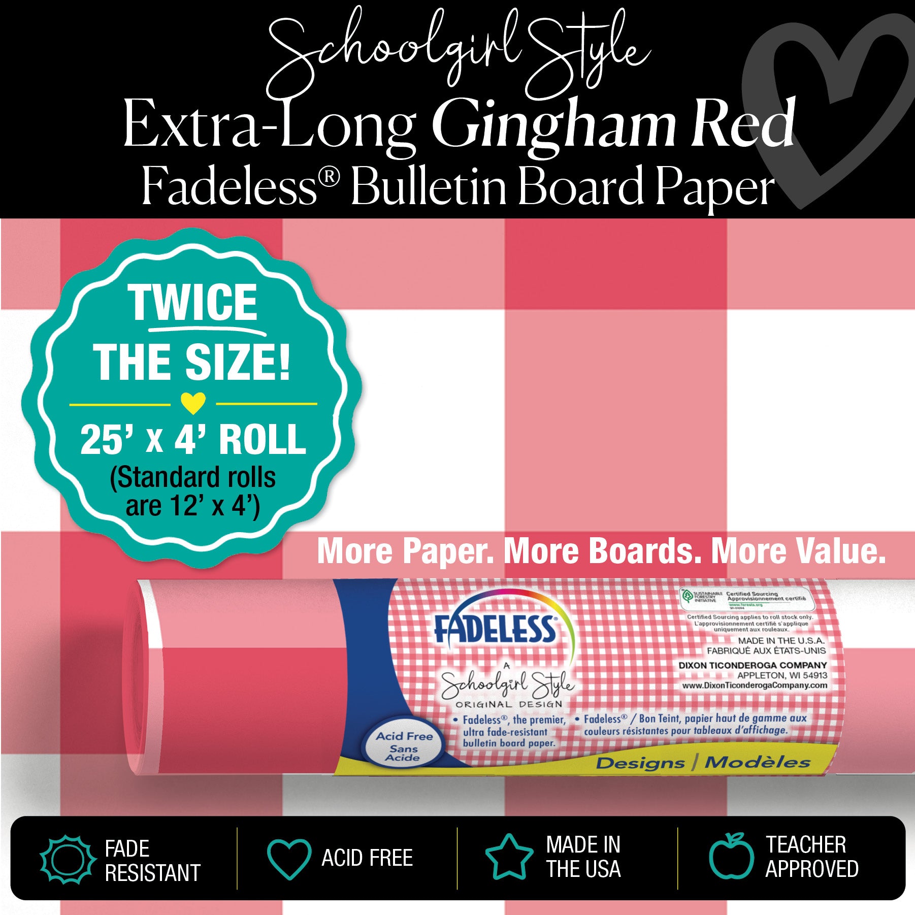 Red Gingham Bulletin Board Paper 25ft. | Schoolgirl Style x Fadeless®