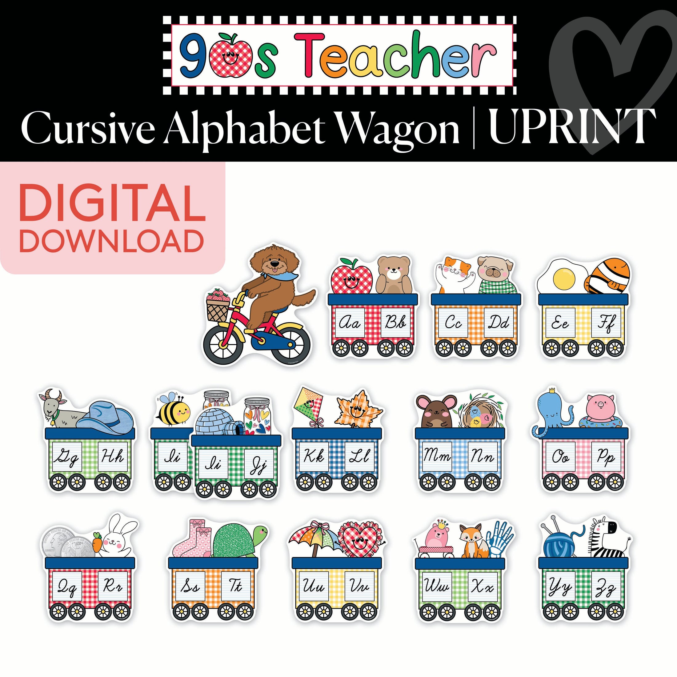 Printable Retro Cursive Alphabet Wagon | 90s Teacher