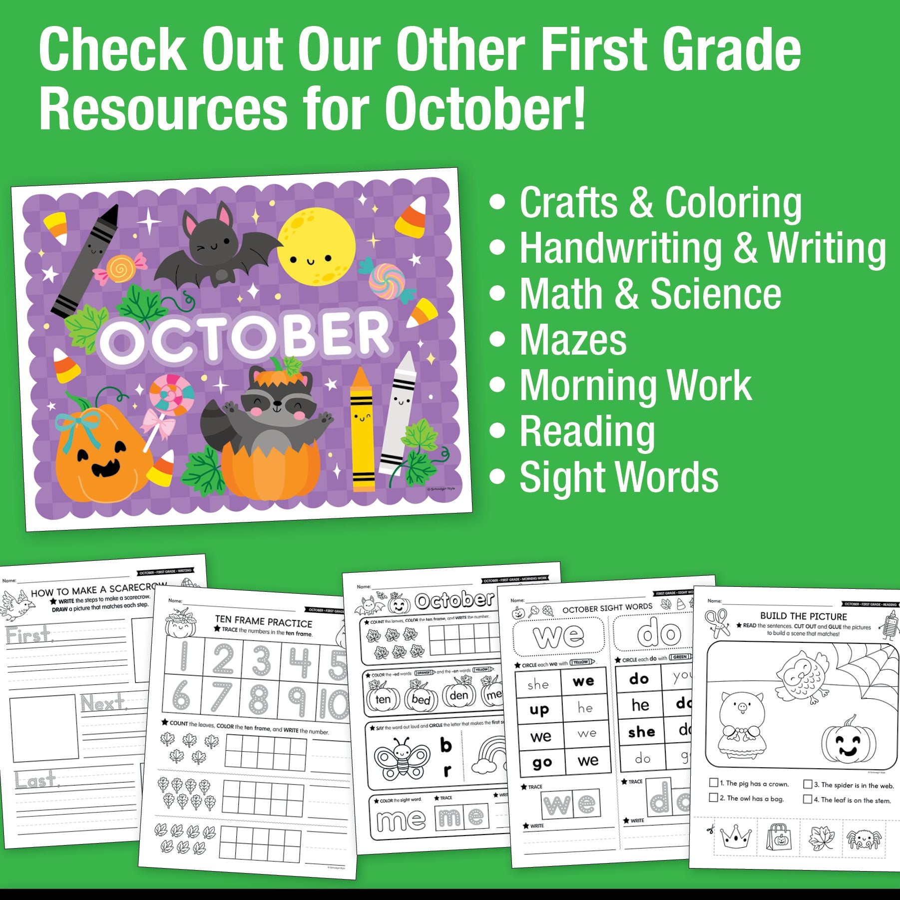 Printable First Grade October Daily Science of Reading Worksheets