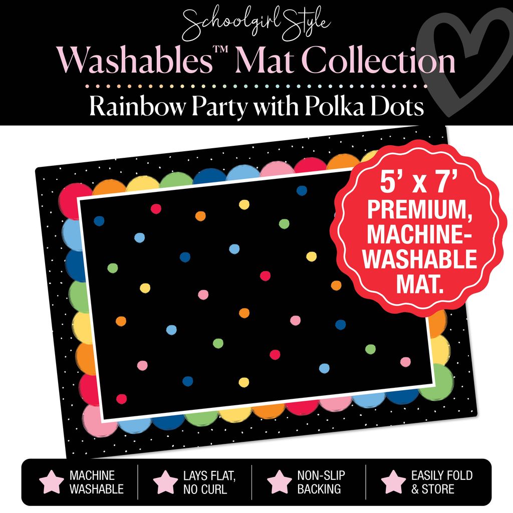 Scattered Rainbow Polka Dots with Rainbow Ombre Border on Black Background Classroom Mat by Schoolgirl Style