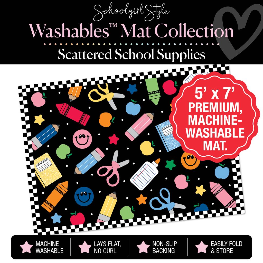 Scattered School Supplies with Checkerboard Border Classroom Mat by Schoolgirl Style