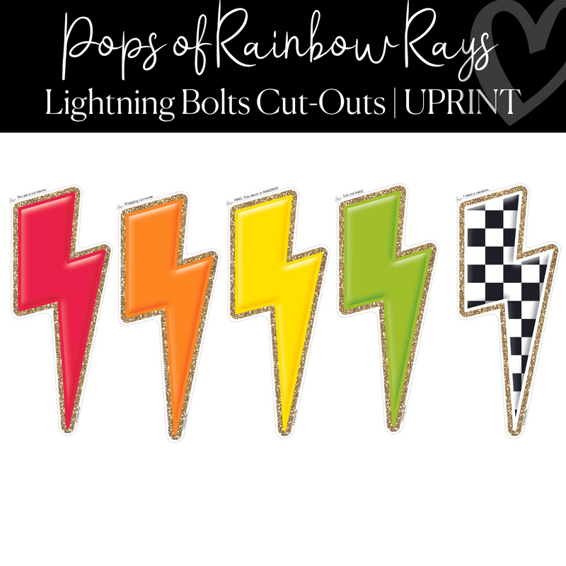 Printable Lightning Bolt Cut-Out Pops of Rainbow Rays Regular and XL Classroom Cut-Out by UPRINT