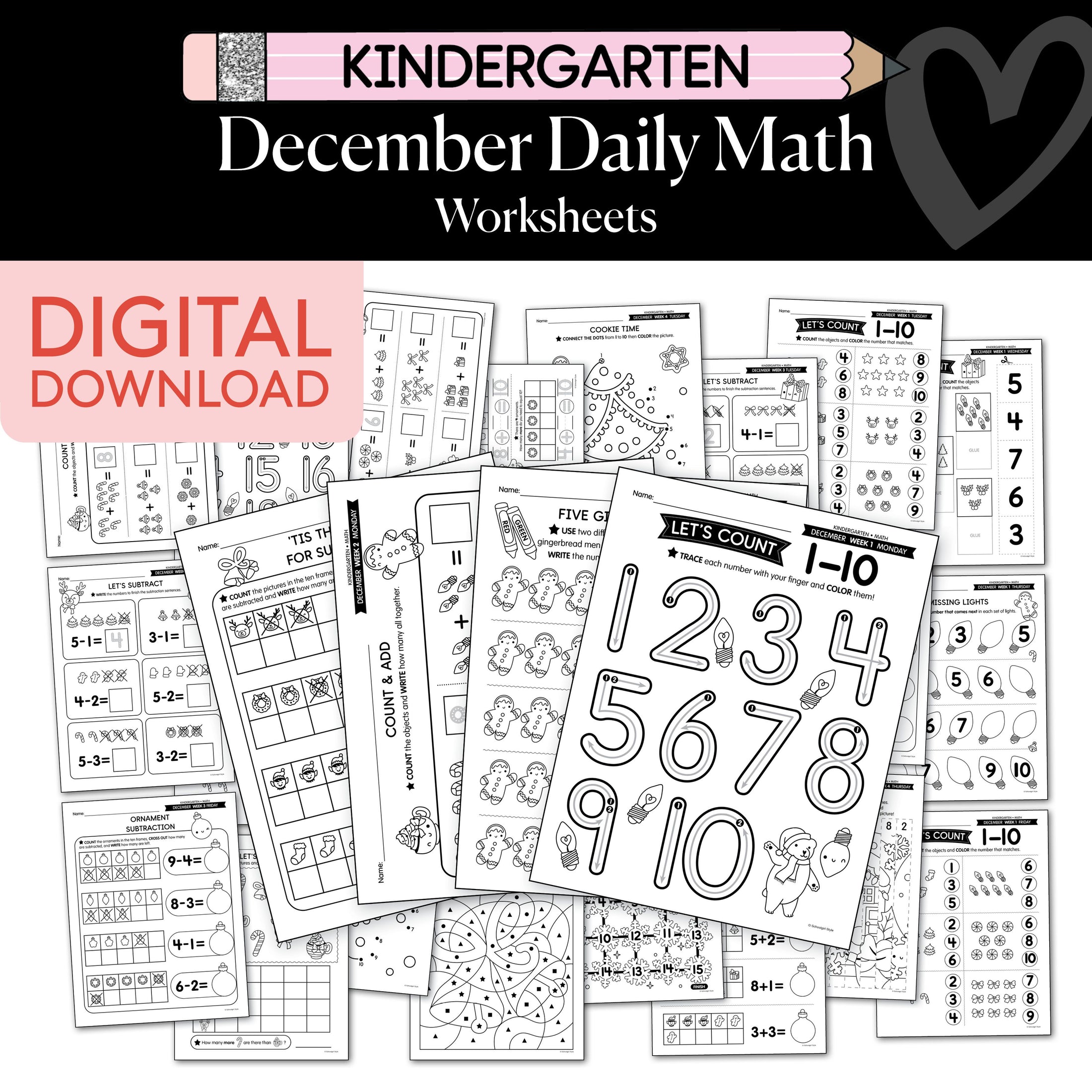 Printable Kindergarten December Daily Math Worksheets