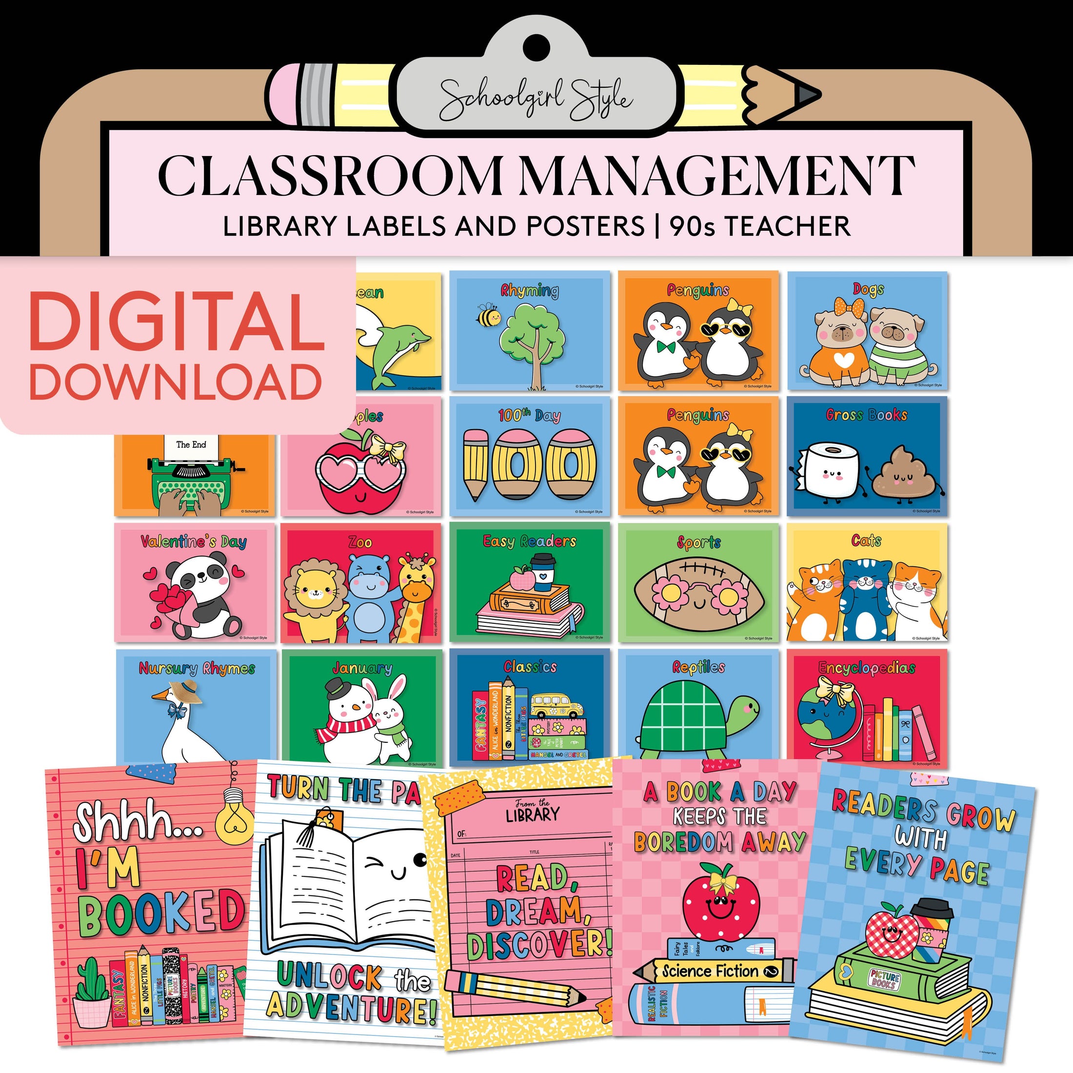 Printable Library Labels and Posters | 90s Teacher