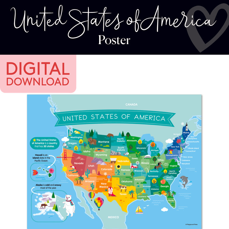 United States of America Map | Classroom Posters | Printable Classroom Decor | Schoolgirl Style