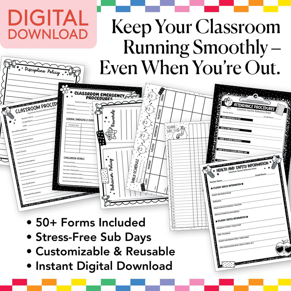 Printable Rainbow Editable Substitute Teacher Bin and Forms