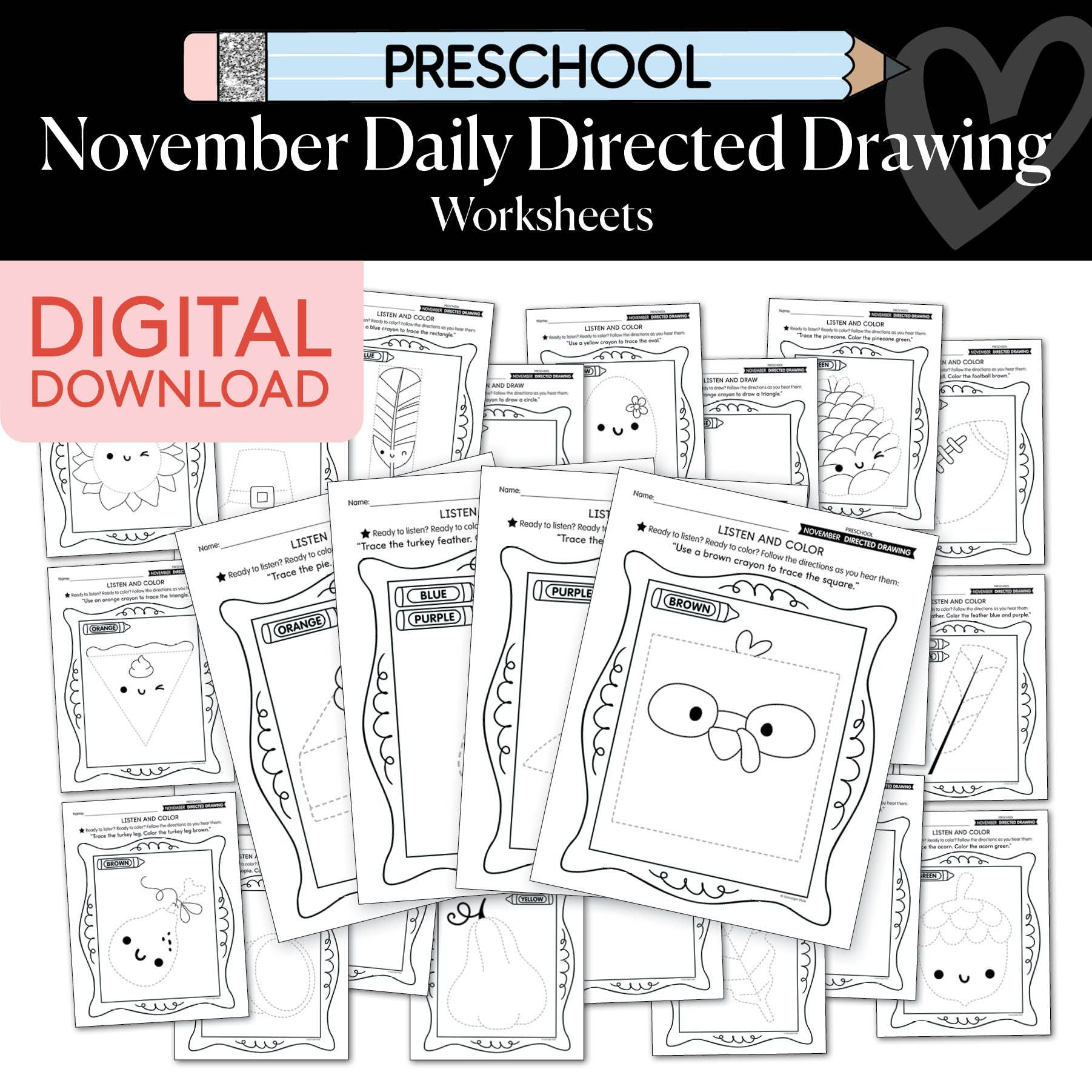 Printable Preschool November Directed Drawing Worksheets