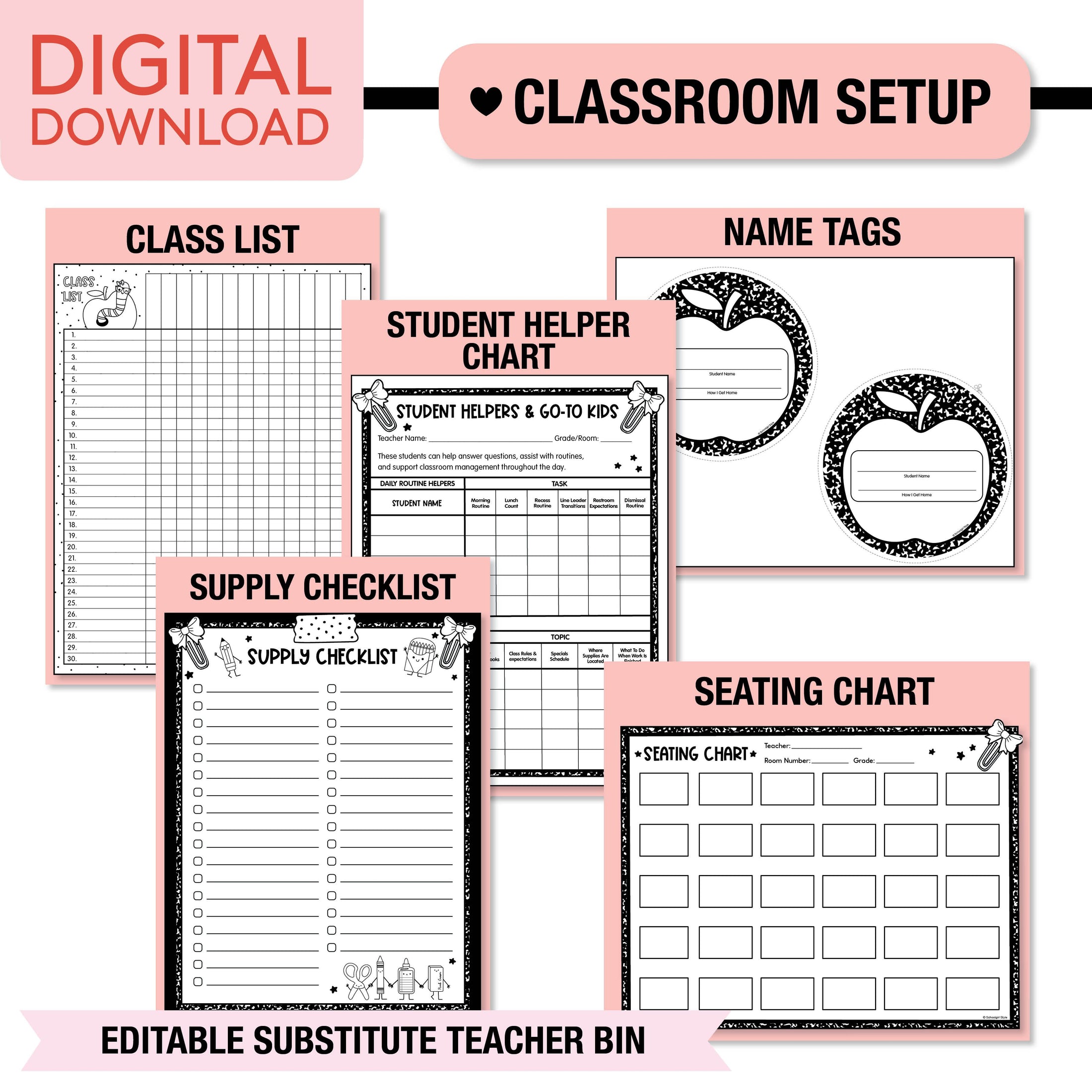 Printable Pastel Editable Substitute Teacher Bin and Forms